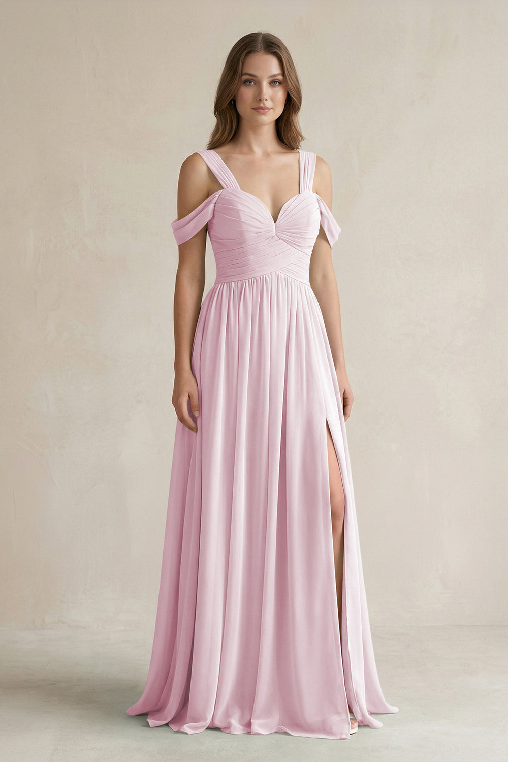 Off-the-Shoulder A-Line Chiffon Bridesmaid Dress With Slit in Candy Pink