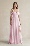 Candy Pink Off-the-Shoulder A-Line Chiffon Bridesmaid Dress With Slit | KISSBRIDAL