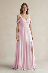 Candy Pink Off-the-Shoulder A-Line Chiffon Bridesmaid Dress With Slit | KISSBRIDAL