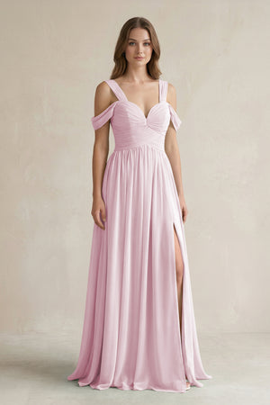 Candy Pink Off-the-Shoulder A-Line Chiffon Bridesmaid Dress With Slit | KISSBRIDAL
