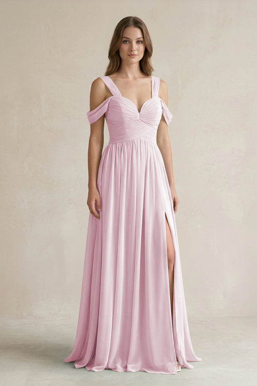 Candy Pink Off-the-Shoulder A-Line Chiffon Bridesmaid Dress With Slit | KISSBRIDAL
