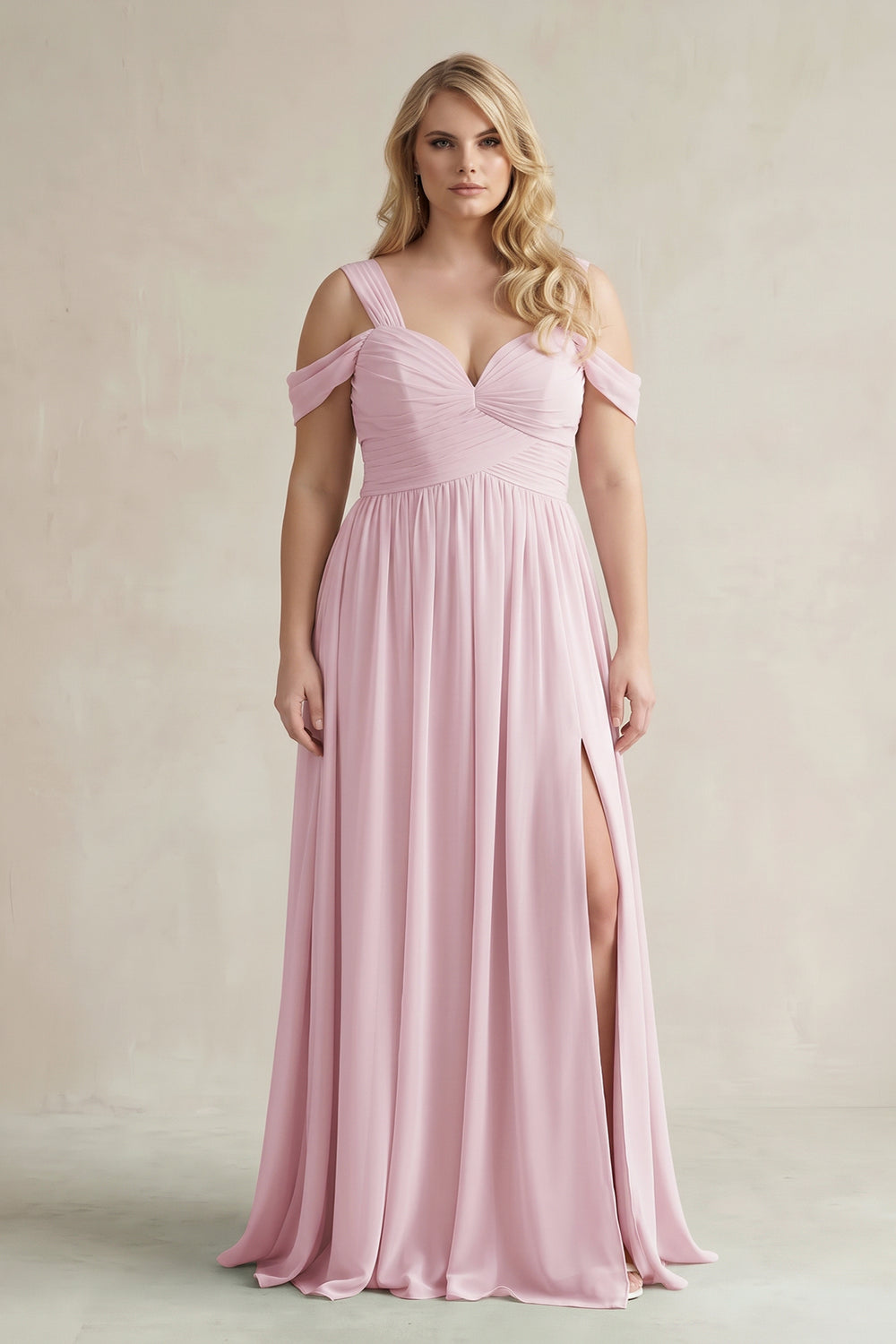 Off-the-Shoulder A-Line Chiffon Bridesmaid Dress With Slit in Candy Pink