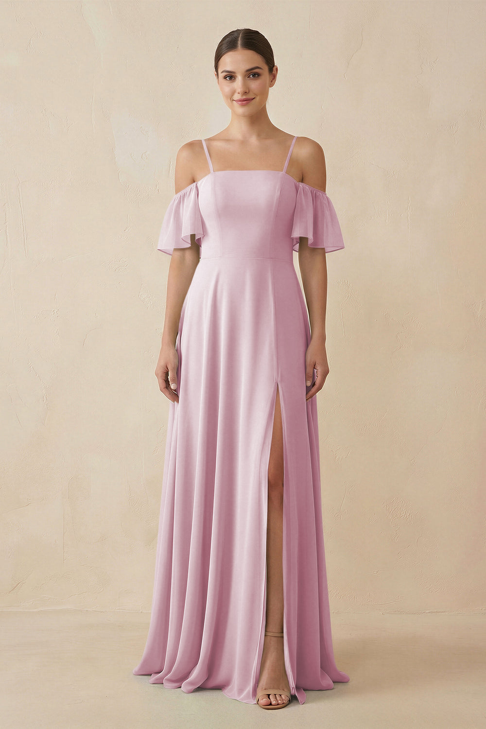Off-the-Shoulder A-Line Chiffon Bridesmaid Dress in Candy Pink