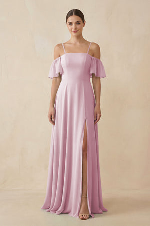 Candy Pink Off-the-Shoulder A-Line Chiffon Bridesmaid Dress | KISSBRIDAL