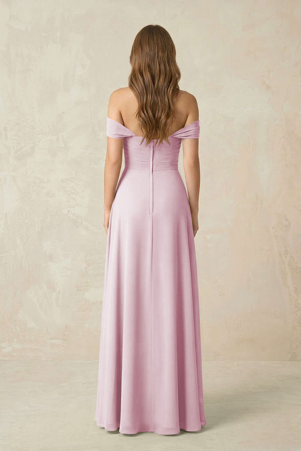 Candy Pink Off-the-Shoulder A-Line Chiffon Pleated Bridesmaid Dress (2) | KISSBRIDAL