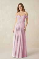 Candy Pink Off-the-Shoulder A-Line Chiffon Pleated Bridesmaid Dress | KISSBRIDAL