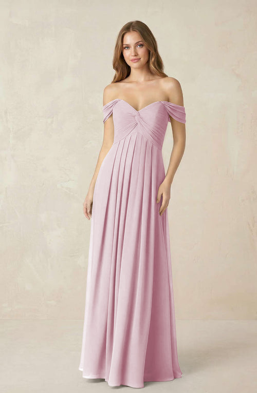 Candy Pink Off-the-Shoulder A-Line Chiffon Pleated Bridesmaid Dress | KISSBRIDAL