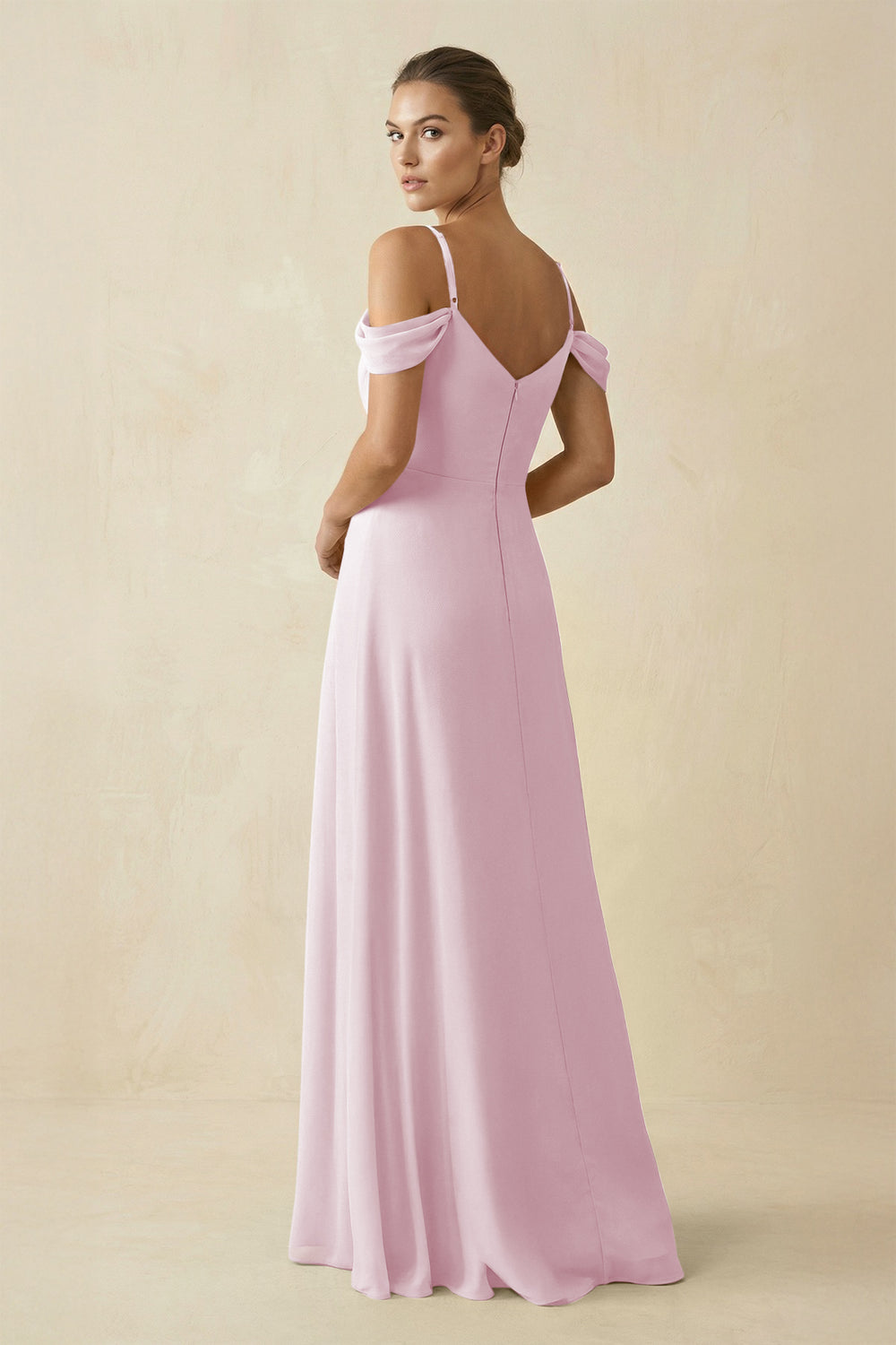 Off-the-Shoulder A-Line Pleated Chiffon Bridesmaid Gown in Candy Pink