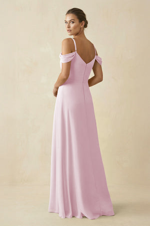 Candy Pink Off-the-Shoulder A-Line Pleated Chiffon Bridesmaid Gown (2) | KISSBRIDAL