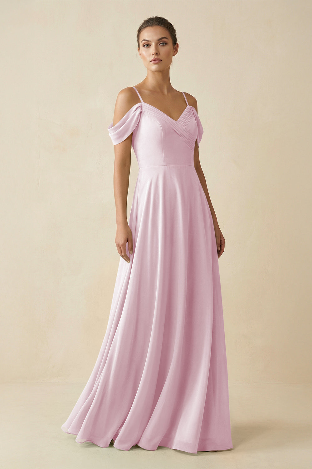 Off-the-Shoulder A-Line Pleated Chiffon Bridesmaid Gown in Candy Pink