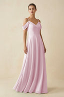 Candy Pink Off-the-Shoulder A-Line Pleated Chiffon Bridesmaid Gown | KISSBRIDAL