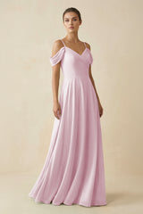 Candy Pink Off-the-Shoulder A-Line Pleated Chiffon Bridesmaid Gown | KISSBRIDAL