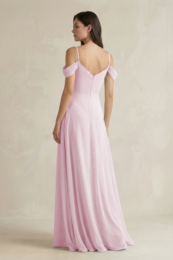 Candy Pink Off-the-Shoulder Chiffon A-Line Bridesmaid Dress (2) | KISSBRIDAL