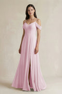 Candy Pink Off-the-Shoulder Chiffon A-Line Bridesmaid Dress | KISSBRIDAL