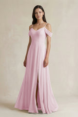 Candy Pink Off-the-Shoulder Chiffon A-Line Bridesmaid Dress | KISSBRIDAL