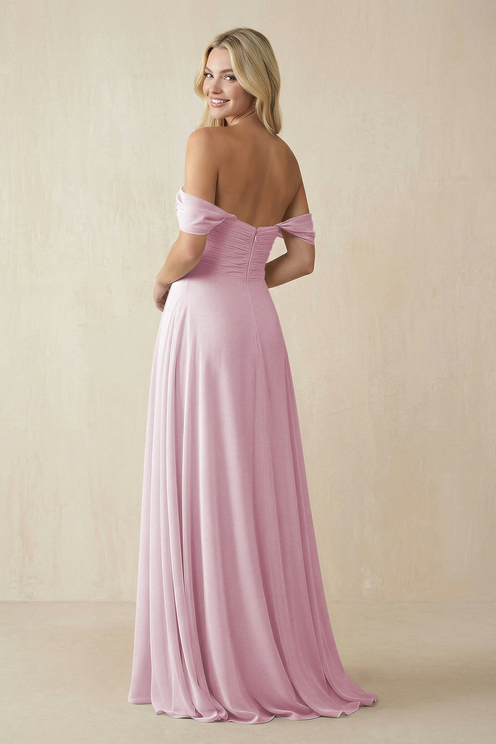 Off-the-Shoulder Chiffon A-Line Long Bridesmaid Dress in Candy Pink