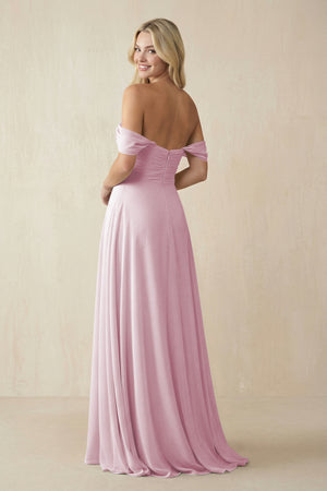 Candy Pink Off-the-Shoulder Chiffon A-Line Long Bridesmaid Dress (2) | KISSBRIDAL