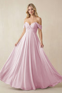 Candy Pink Off-the-Shoulder Chiffon A-Line Long Bridesmaid Dress | KISSBRIDAL