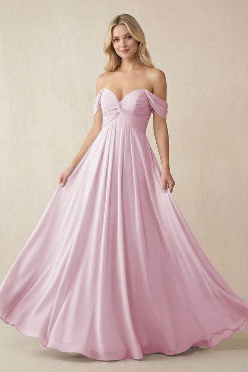 Candy Pink Off-the-Shoulder Chiffon A-Line Long Bridesmaid Dress | KISSBRIDAL