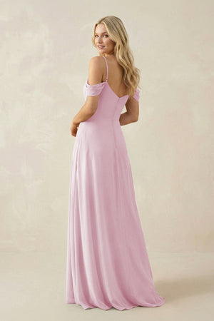 Candy Pink Off-the-Shoulder Chiffon A-Line Maxi Bridesmaid Dress (2) | KISSBRIDAL