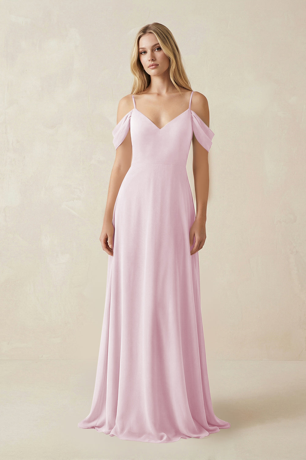 Off-the-Shoulder Chiffon A-Line Maxi Bridesmaid Dress in Candy Pink