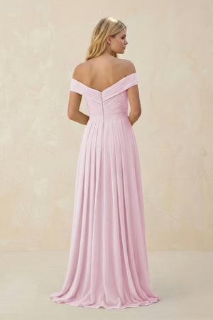 Candy Pink Off-the-Shoulder Pleated A-Line Chiffon Bridesmaid Dress (2) | KISSBRIDAL