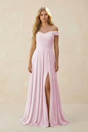 Candy Pink Off-the-Shoulder Pleated A-Line Chiffon Bridesmaid Dress | KISSBRIDAL