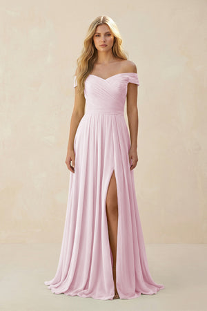 Candy Pink Off-the-Shoulder Pleated A-Line Chiffon Bridesmaid Dress | KISSBRIDAL