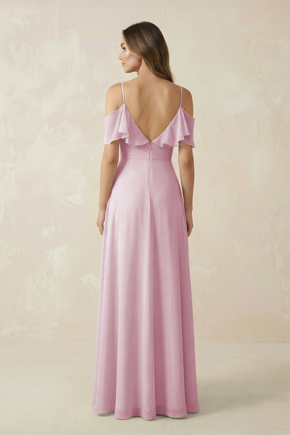 Off-the-Shoulder Ruffled A-Line Chiffon Bridesmaid Dress in Candy Pink