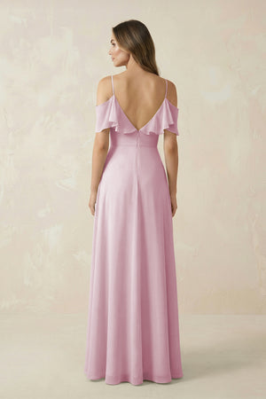 Candy Pink Off-the-Shoulder Ruffled A-Line Chiffon Bridesmaid Dress (2) | KISSBRIDAL