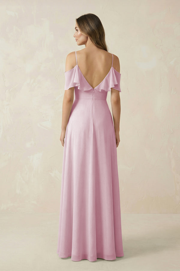 Candy Pink Off-the-Shoulder Ruffled A-Line Chiffon Bridesmaid Dress (2) | KISSBRIDAL