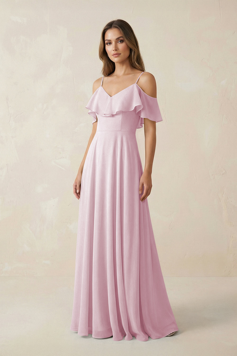 Off-the-Shoulder Ruffled A-Line Chiffon Bridesmaid Dress in Candy Pink