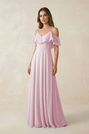 Candy Pink Off-the-Shoulder Ruffled A-Line Chiffon Bridesmaid Dress | KISSBRIDAL
