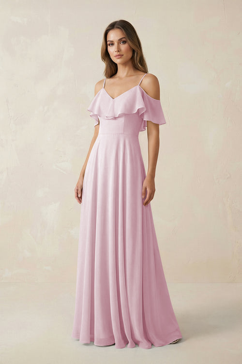 Candy Pink Off-the-Shoulder Ruffled A-Line Chiffon Bridesmaid Dress | KISSBRIDAL