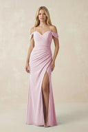 Candy Pink Off-the-Shoulder Sheath Chiffon Ruched Bridesmaid Dress | KISSBRIDAL