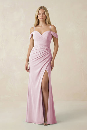 Candy Pink Off-the-Shoulder Sheath Chiffon Ruched Bridesmaid Dress | KISSBRIDAL