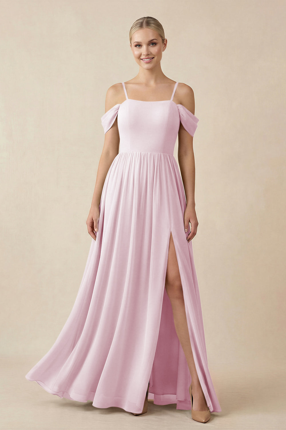 Off-the-Shoulder Sweetheart A-Line Chiffon Bridesmaid Dress in Candy Pink