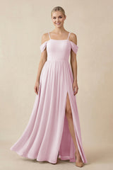 Candy Pink Off-the-Shoulder Sweetheart A-Line Chiffon Bridesmaid Dress | KISSBRIDAL