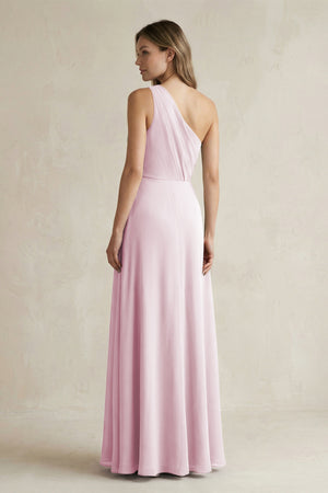 Candy Pink One-Shoulder Chiffon A-Line Bridesmaid Dress With Slit (2) | KISSBRIDAL