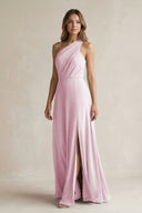Candy Pink One-Shoulder Chiffon A-Line Bridesmaid Dress With Slit | KISSBRIDAL