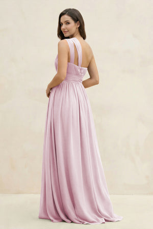 Candy Pink One-Shoulder Pleated A-Line Chiffon Bridesmaid Dress (2) | KISSBRIDAL