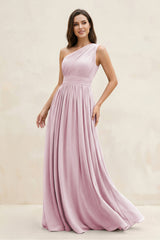 Candy Pink One-Shoulder Pleated A-Line Chiffon Bridesmaid Dress | KISSBRIDAL