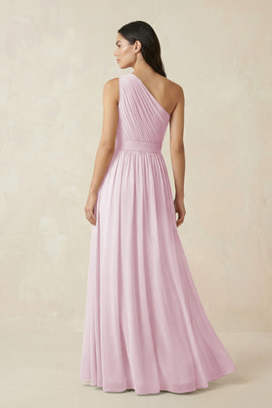 Candy Pink One-Shoulder Pleated Chiffon Bridesmaid Gown (2) | KISSBRIDAL