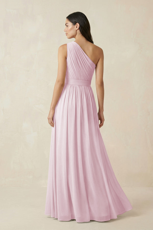 Candy Pink One-Shoulder Pleated Chiffon Bridesmaid Gown (2) | KISSBRIDAL