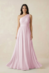Candy Pink One-Shoulder Pleated Chiffon Bridesmaid Gown | KISSBRIDAL