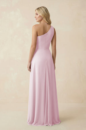 Candy Pink One-Shoulder Ruched A-Line Chiffon Bridesmaid Dress (2) | KISSBRIDAL