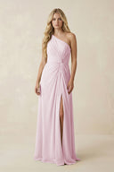 Candy Pink One-Shoulder Ruched A-Line Chiffon Bridesmaid Dress | KISSBRIDAL