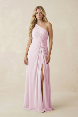 Candy Pink One-Shoulder Ruched A-Line Chiffon Bridesmaid Dress | KISSBRIDAL