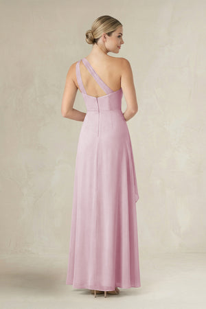Candy Pink One-Shoulder Sheath Ruched Ruffled Bridesmaid Dress (2) | KISSBRIDAL