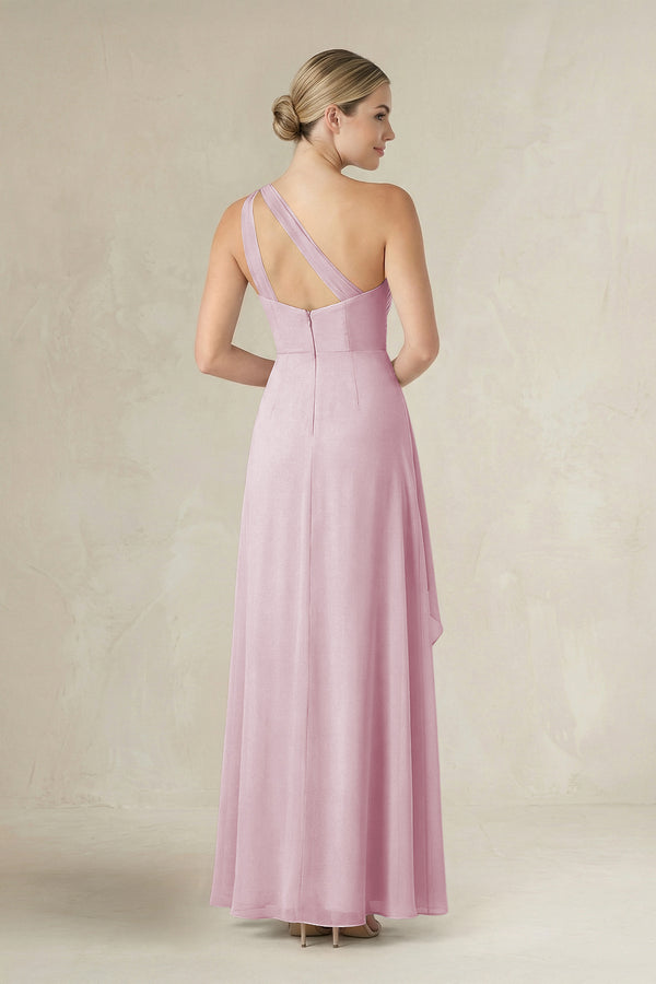 Candy Pink One-Shoulder Sheath Ruched Ruffled Bridesmaid Dress (2) | KISSBRIDAL